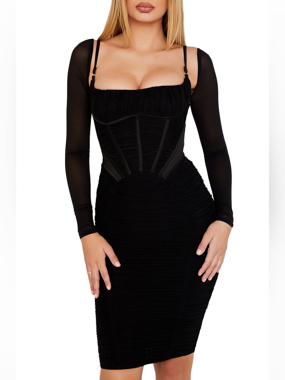 House of CB Black Ruched Off-Shoulder Long Sleeve Bodycon Dress size Xsmall